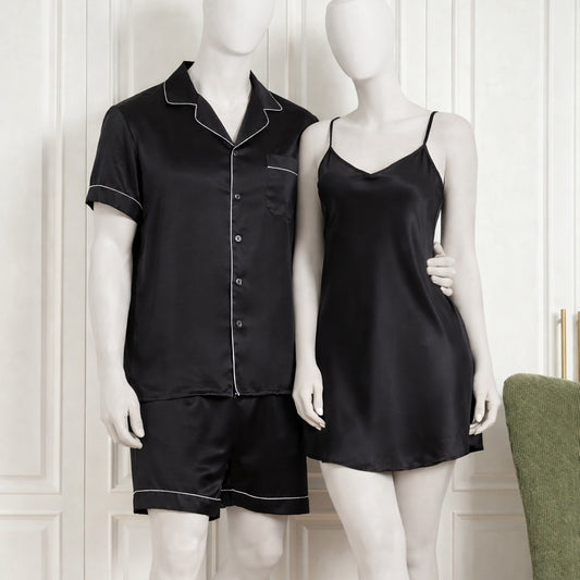 Couple Silk Night Suit / Sleepwear Set – Shirt & Shorts with Slip Dress