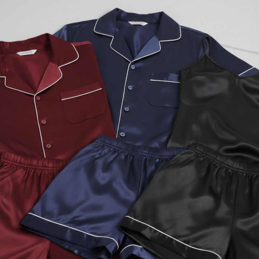 Couple Silk Night Suit / Sleepwear Set – Shirt & Shorts with Slip Dress