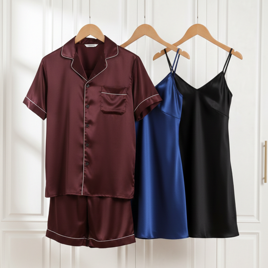 Couple Silk Night Suit / Sleepwear Set – Shirt & Shorts with Slip Dress