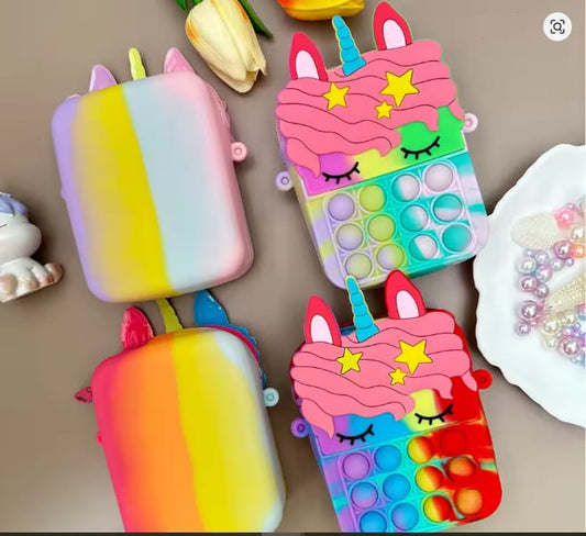 Small Sleepy Unicorn Star Pop Fidget Bag With Long Ribbon Strap Silicone