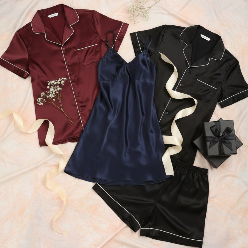 Couple Silk Night Suit / Sleepwear Set – Shirt & Shorts with Slip Dress