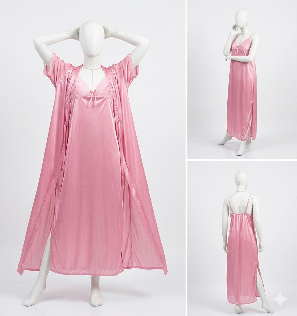 2 Pcs Premium Silk Lace Women's Sleepwear Set Inner & Gown Nightwear