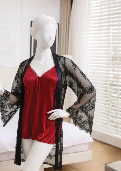 2-Piece Women's Sleepwear Set – Camisole, Shorts & Lace Gown Soft Satin Nightwear