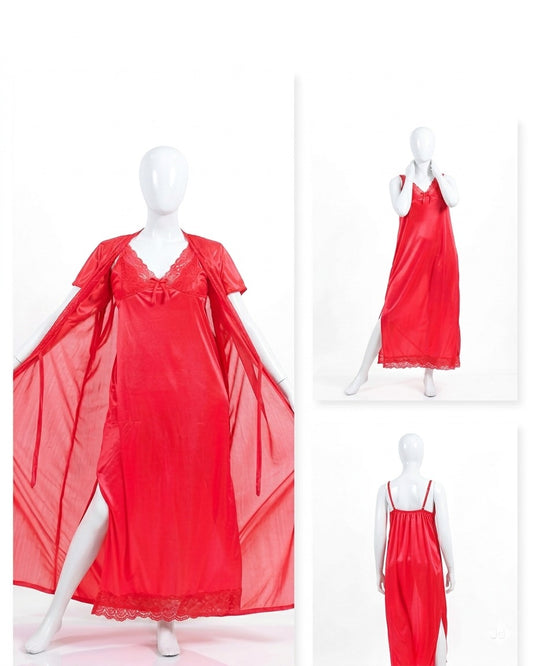 2 Pcs Premium Silk Lace Women's Sleepwear Set Inner & Gown Nightwear