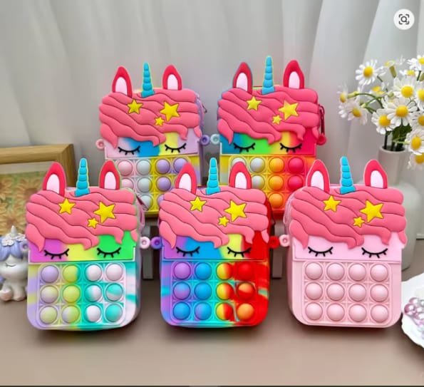 Small Sleepy Unicorn Star Pop Fidget Bag With Long Ribbon Strap Silicone