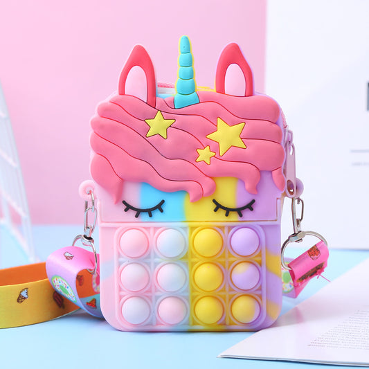 Small Sleepy Unicorn Star Pop Fidget Bag With Long Ribbon Strap Silicone