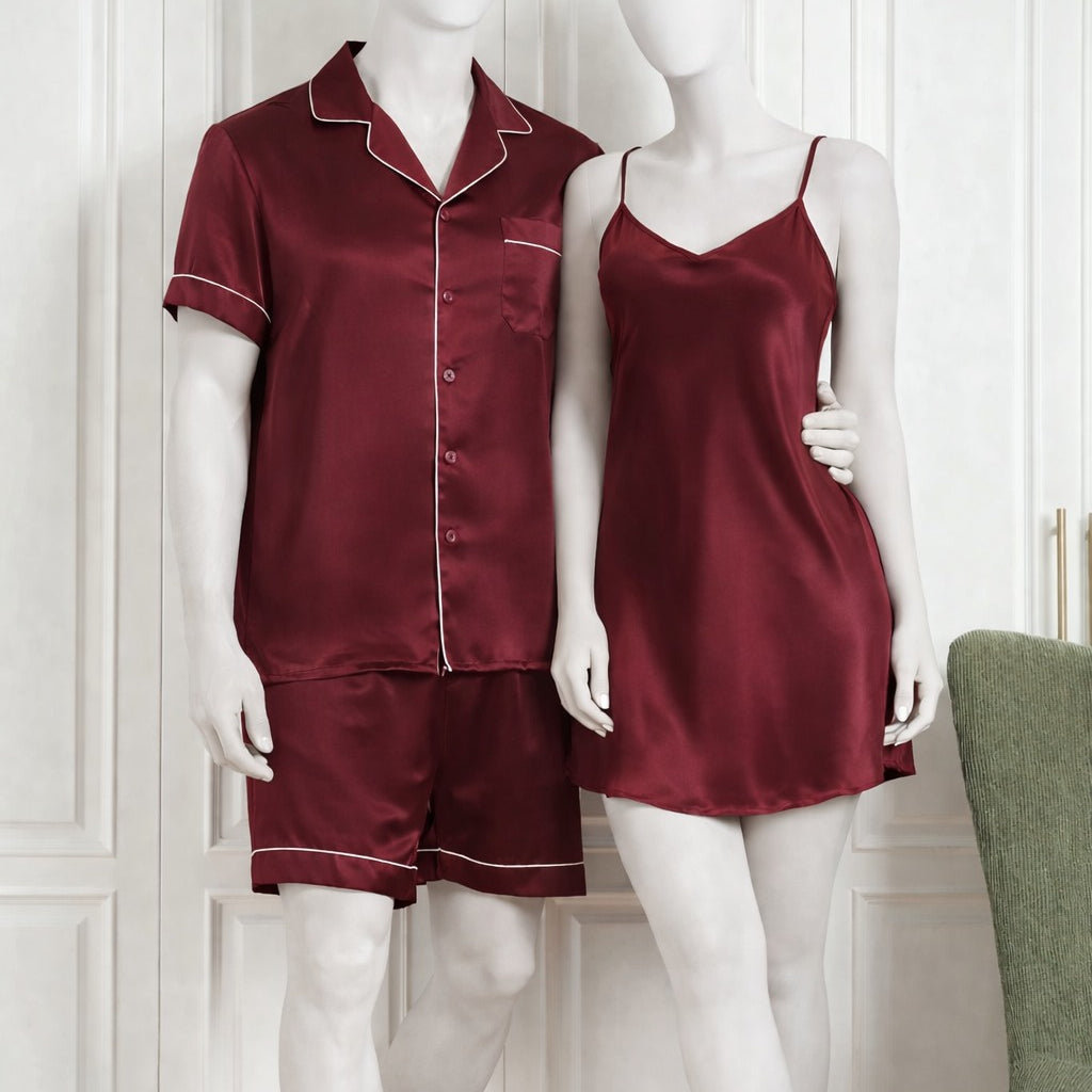 Couple Silk Night Suit / Sleepwear Set – Shirt & Shorts with Slip Dress